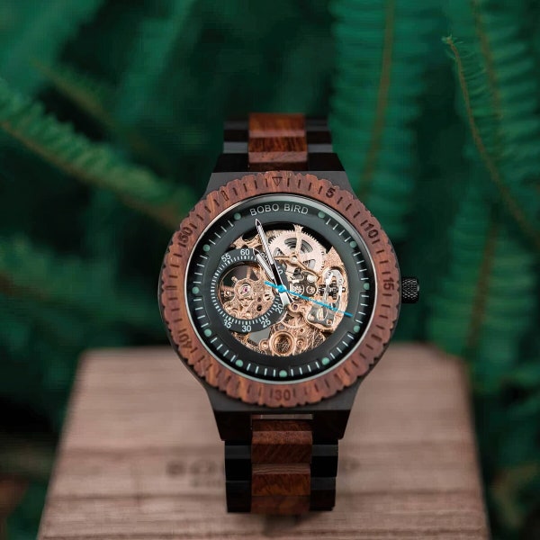 Skeletal Engraved wooden Watch for men | Gift birthday or anniversary | Personalised handmade gift automatic watch unique