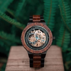 Skeletal Engraved wooden Watch for men | Gift birthday or anniversary | Personalised handmade gift automatic watch unique