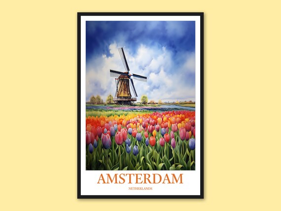 Amsterdam Travel Poster: Tulip & Windmill Art Print - Etsy