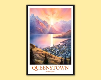 Queenstown New Zealand Travel Poster: Lake & Mountain View Wall Art