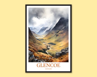 Impresión del valle de Glencoe: póster de viaje a las Tierras Altas de Escocia