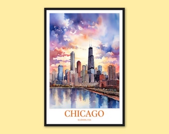 Chicago Skyline Art Print: Travel Poster, Illinois Wall Decor