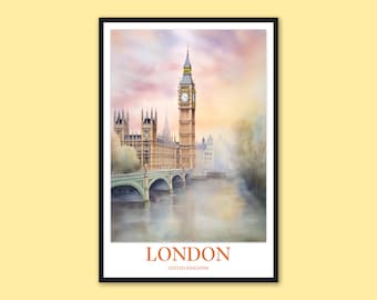 Póster de viaje de Londres: Arte mural del Big Ben y el río Támesis