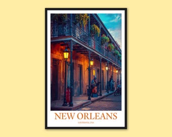 Póster de viaje de Nueva Orleans, arte mural del Barrio Francés, impresión de arte de jazz, decoración de pared de Bourbon Street