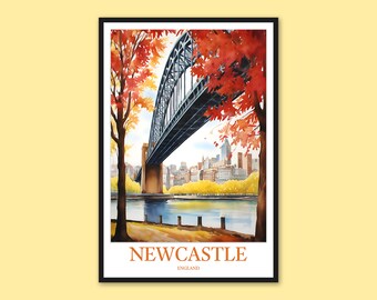 Newcastle Tyne Bridge Autumn Art Print: England Travel Poster