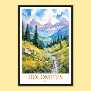 Dolomites Italy Travel Poster: Mountain Landscape Art