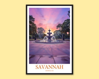 Savannah Georgia Travel Poster: City Fountain Art Print