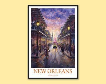 Reseaffisch i New Orleans, Mardi Gras-festivalen, firande av New Orleans, väggkonst med jazzkonst, Bourbon Street-väggdekoration