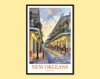 Póster de viaje de Nueva Orleans, arte mural del Barrio Francés, impresión de arte de jazz, decoración de pared de Bourbon Street