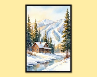 Breckenridge Travel Poster Wall Art Breckenridge Print Winter Rustic Mountain Lodge Wooden Facades Misty Snowy Mountain Skiing Picture