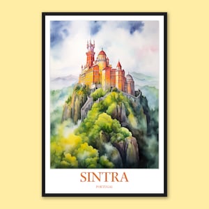 May include: A watercolour painting of a castle on a hilltop in Sintra, Portugal. The castle is a bright orange and yellow colour, with a blue sky and white clouds in the background.