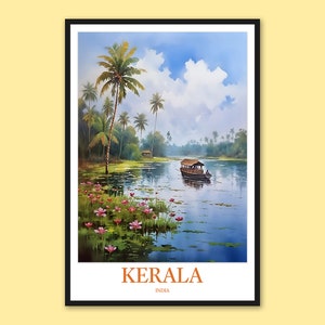 Kerala Poster Kerala Print Kerala Wall Art Kerala Palmlined Backwater Decor Kerala Travel Art India Art Kerala Canal Houseboat Gift Lover