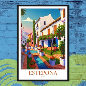 Póster de Estepona Arte mural de Estepona Arte mural de viaje Impresión de Estepona Decoración de pared de Estepona Calle adoquinada estrecha Casa andaluza Regalo de España Amante