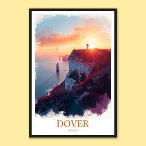 Dover White Cliffs Print: England Travel Poster, Lone Hiker Silhouette