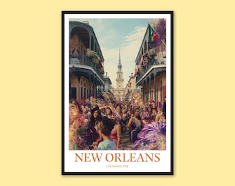 Póster de viaje de Nueva Orleans, lámina del festival de Mardi Gras, arte mural de la celebración del Barrio Francés, lámina artística de jazz, decoración de pared de Bourbon Street
