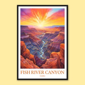 May include: A colorful painting of Fish River Canyon in Namibia. The canyon is a deep, narrow gorge with a river winding through it. The sky is a vibrant orange and pink, with a bright sun shining down. The canyon walls are a mix of brown, red, and purple.