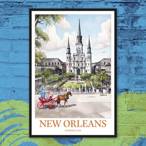 Plakat podróżniczy z Nowego Orleanu: Jackson Square i sztuka katedry św. Ludwika