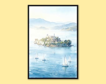 San Francisco Wall Art Alcatraz Island Travel Poster Bay Area Iconic Prison Museum Rocky Island Lighthouse Penitentiary Sailboat Wall Decor