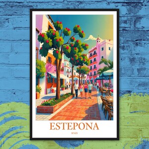 Arte mural de Estepona Arte mural de viaje Impresión de Estepona Decoración de pared de Estepona Póster de Estepona Calle adoquinada estrecha Casa andaluza Regalo de España Amante