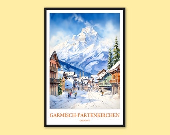 Garmisch-Partenkirchen Wall Art Skiing Print Poster Alpine Mountain Winter Decor Travel Art Germany Wall Art Lover Ski Art Poster Zugspitze