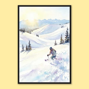 Powder Mountain Poster Ski Print Skiing Travel Poster Skier Winter Scene Wall Art Ski Resort Snowy Mountain Peak Slopes Wall Decor