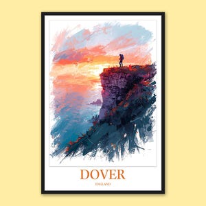 Dover White Cliffs Print: England Travel Poster, Lone Hiker Silhouette