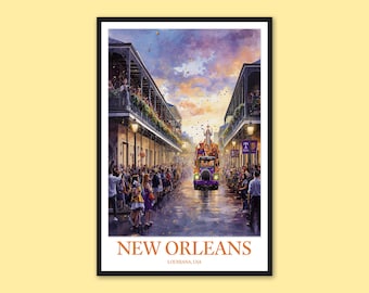 Póster de viaje de Nueva Orleans, lámina del festival de Mardi Gras, arte mural de la celebración del Barrio Francés, lámina artística de jazz, decoración de pared de Bourbon Street