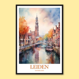 Leiden Netherlands Travel Poster: Watercolor Cityscape Art