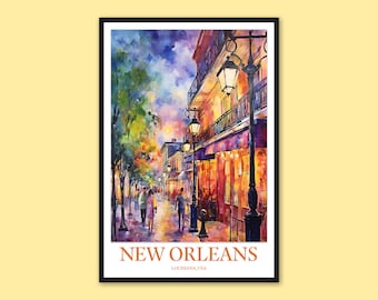 Lámina artística del Barrio Francés de Nueva Orleans: póster de viaje a Luisiana