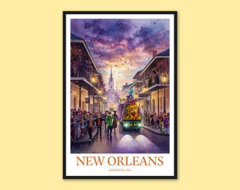 Reseaffisch i New Orleans, Mardi Gras-festivalen, firande av New Orleans, väggkonst med jazzkonst, Bourbon Street-väggdekoration