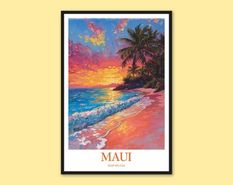 May include: A framed art print of a tropical beach scene at sunset. The painting depicts a vibrant sky with shades of orange, pink, and blue. Palm trees are silhouetted against the colorful sky, and the ocean waves are crashing on the shore. The word "MAUI" is printed at the bottom.