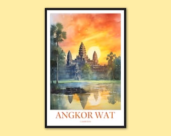 Reseaffisch för Angkor Wat: Akvarellkonst för buddhistiskt tempel