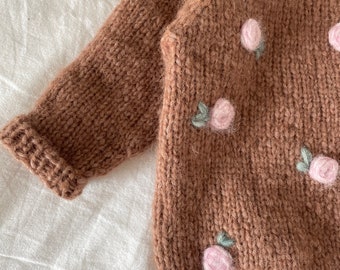 12-18 months baby alpaca sweater, Brown Alpaca baby jumper, girl sweater, hand knit alpaca sweater, rose embroidery, kids outfit, pullover