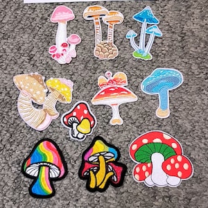 May include: A set of 11 colourful embroidered iron-on patches featuring various mushroom designs. The patches are perfect for adding a whimsical touch to clothing, bags, or other fabric items.