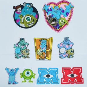 May include: Nine embroidered patches featuring characters from the Disney Pixar film Monsters Inc. The patches are in various colours and shapes, including a heart, a door, and letters. The characters include Sully, Mike, Boo, and Randall.