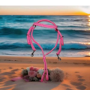 Könnte beinhalten: Ein leuchtend pinkfarbener Pferdehalfter mit schwarzen Metallverschlüssen. Der Halfter besteht aus einem gewebten Material und wird an einem Sandstrand mit einem Blumenstrauß präsentiert. Der Hintergrund zeigt das Meer und einen Sonnenuntergang.