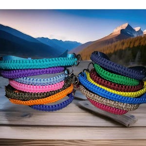 Puede incluir: Una pila de collares de perro trenzados de colores con cierres de metal plateado. Los collares están dispuestos en semicírculo sobre una superficie de madera. El fondo es una imagen borrosa de una cordillera.