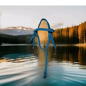 May include: Blue rope halter with two metal clips hanging in a lake with a mountain and forest background.