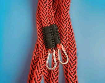 Red and black handwoven paracord reins