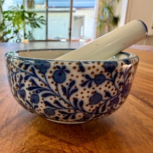 Vintage Blue Floral Ceramic Small Mortar and Pestle Set (3.5 Inch) Cottage Kitchen Decor