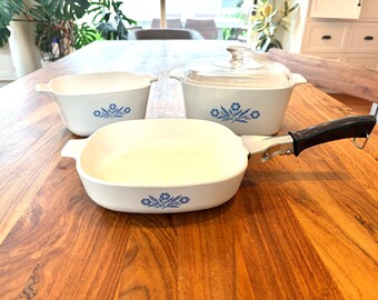 Vintage CorningWare Blue Cornflower Set, Pyroceram Casserole Dishes & Skillet, Corning Ware, Made in USA Kitchen Set