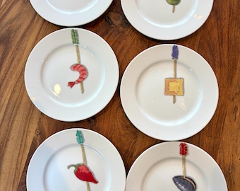 Crate & Barrel Nancy Green Tidbits Appetizer Plates Set of 6, Tapas Plates, Italian Antipasto Plates, Seafood Motif Dishes, 6.5 Inch