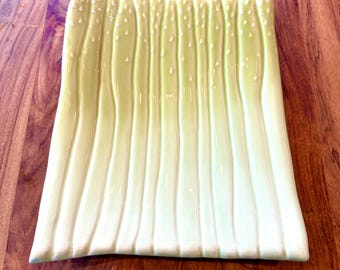 Crate & Barrel Asparagus Serving Plate, Ceramic Vegetable Platter, Green Textured Tray (12x9.5")