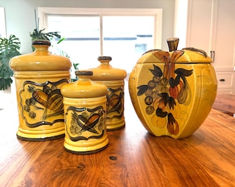 1962 LA Potteries Canister Set & Big Apple Cookie Jar, Mid-Century California Pottery, Hand-Painted, Mustard Yellow MCM Decor