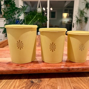 Peut inclure: Trois récipients en plastique jaune avec couvercles, chacun orné d'un motif floral. Les récipients sont de tailles différentes, disposés sur une surface en bois. Les récipients sont de couleur jaune clair.