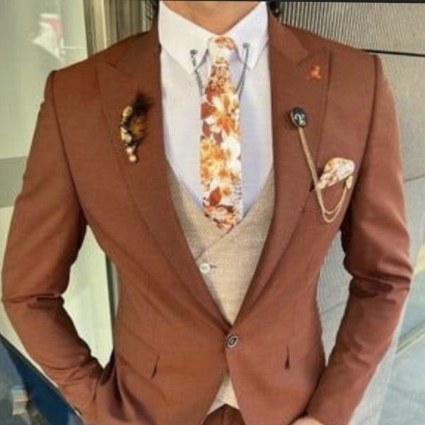 Men's Groom Suit, Premium Three Piece Rust / Terracotta Mens Suit for Wedding, Engagement, Prom, Groom wear and Groomsmen Suits