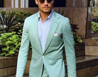 Suit for Men's, Light Green Two Piece Suit, wedding clothes, Groomsmen and Groom wear suit, Prom bespoke suit, custom suit, Eligent