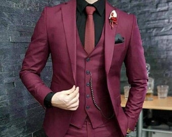 Suit for men, Burgundy Three Piece Suit, Men's wedding clothes, trendy suits,  Groomsmen, groom suit, Men's Elegant suit, Formal suit