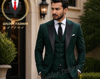 Traje verde de 3 piezas para hombre – Elegante esmoquin de boda para padrinos de boda