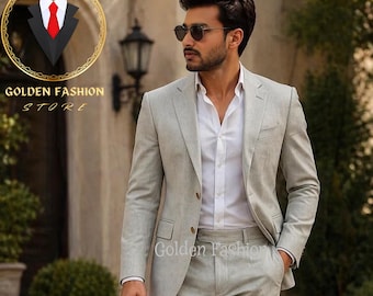 Traje de dos piezas de lino gris, traje de boda africano a medida para hombre.